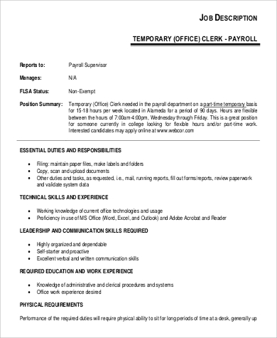 temporary office clerk job description