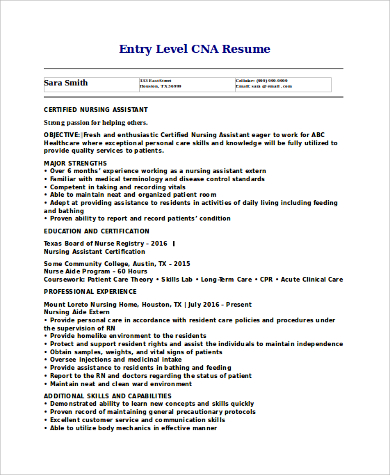 FREE 9 Sample CNA Resume Templates In MS Word PDF   Entry Level CNA Resume 