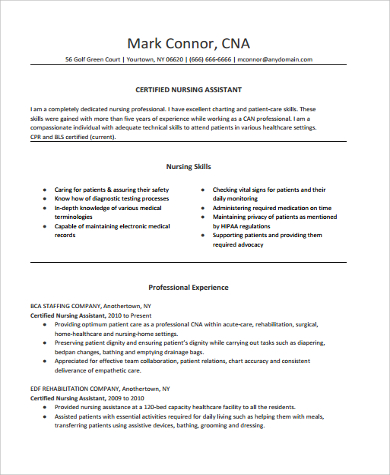 Free 9 Sample Cna Resume Templates In Ms Word Pdf