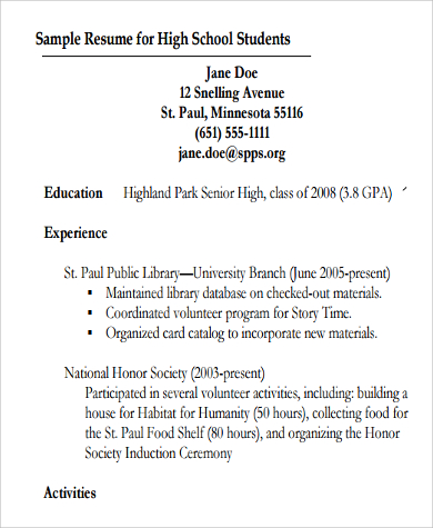 resume templates for high school