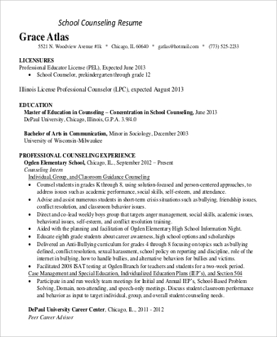 high school student counseling resume