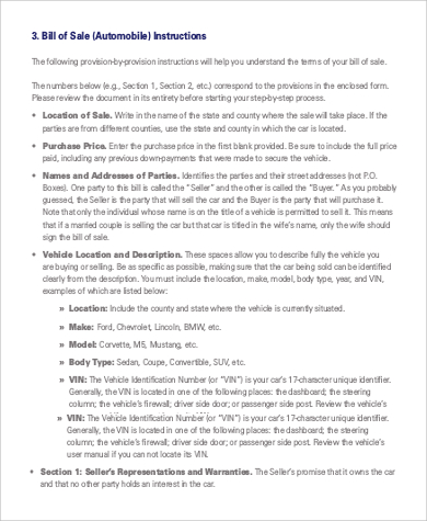 sample automobile bill of sale 6 free sample example format download