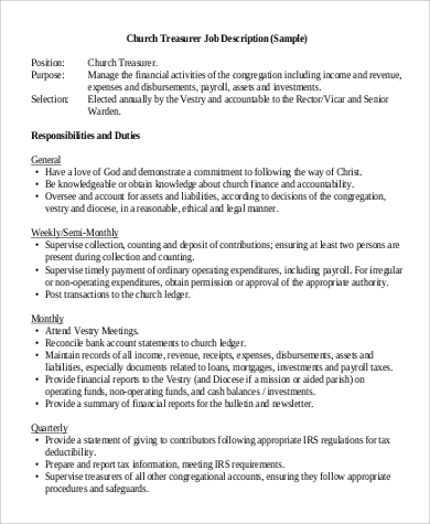 sample church treasurer job description