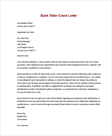 bank teller cover letter example