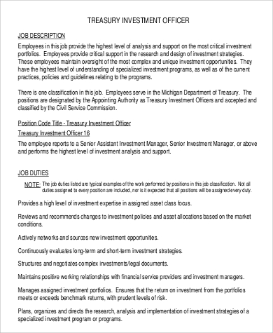 treasurer investment officer job description