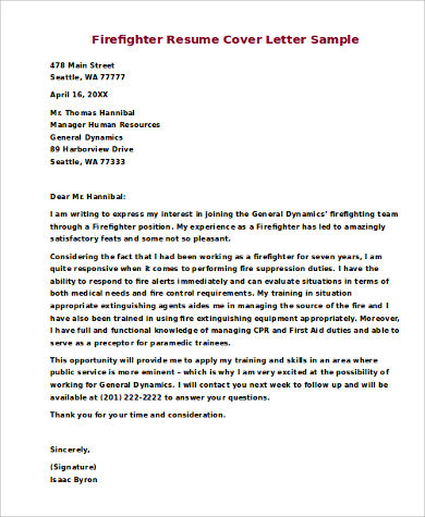 sample firefighter resume cover letter