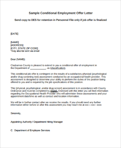 Conditional Job Offer Letter Sample