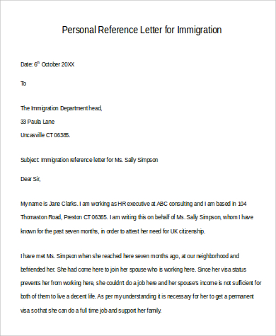 personal reference letter for immigration