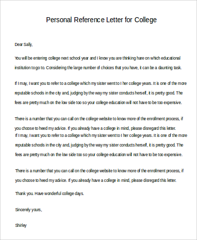 personal reference letter for college