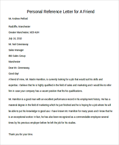 personal reference letter for friend