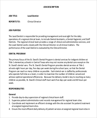 free 9 sample dentist job description templates in pdf