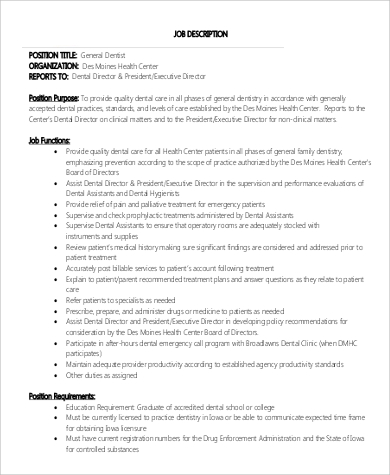 dentist general job description