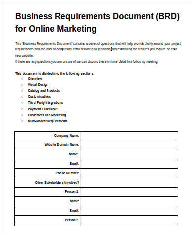 business requirement document for online marketing