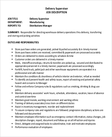 delivery driver description job supervisor sample