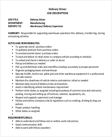 driver job delivery description sample pdf basic