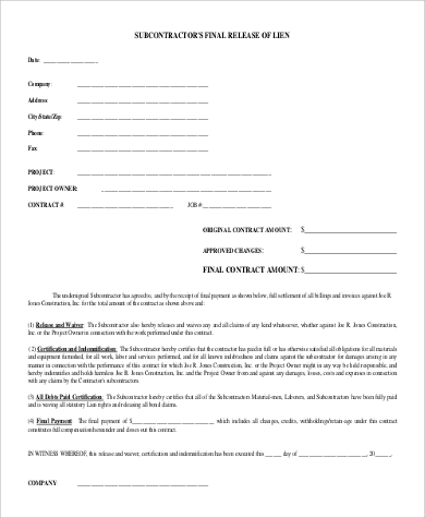 sub contractor release of lien form