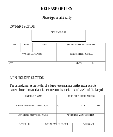 release of vehicle lien form example