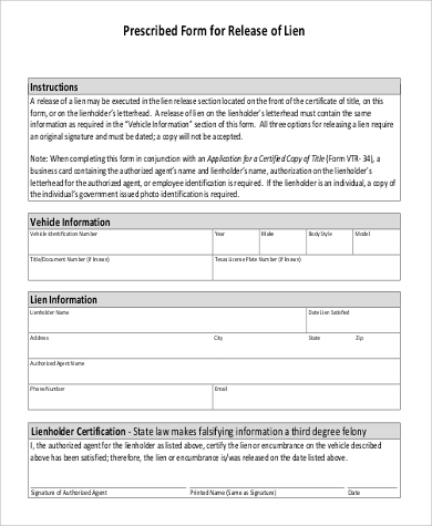 prescribed form for release of lien