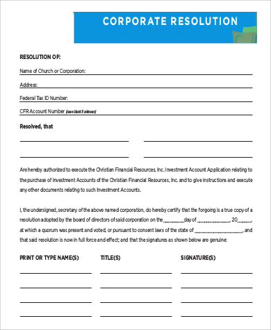 blank corporate resolution form sample