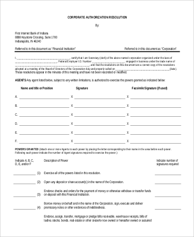 corporate authorization resolution form