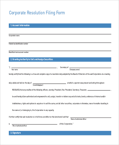 generic corporate resolution filling form