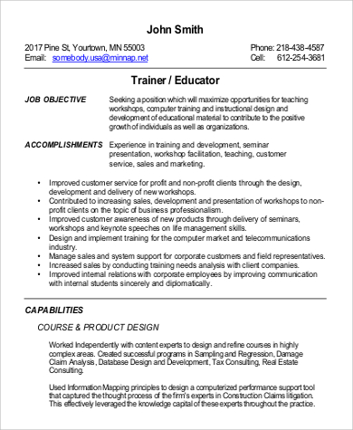 functional trainer resume in pdf
