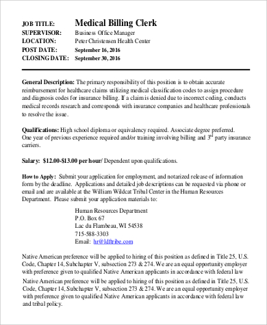 medical billing and coding clerk job description