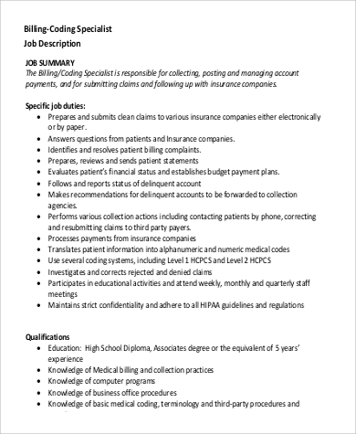 job billing medical coding description specialist sample descriptions example ms word pdf