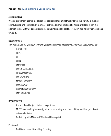 Medical coding instructor job description