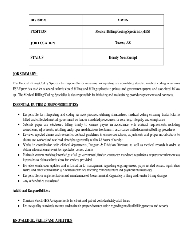 medical billing coding specialist job description responsibities