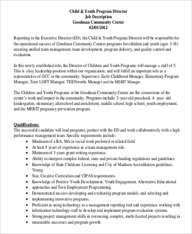 Project Planner Job Description Bobstoun   Youth Program Director Job Description 