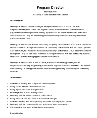 9+ Program Director Job Description Samples  Sample Templates