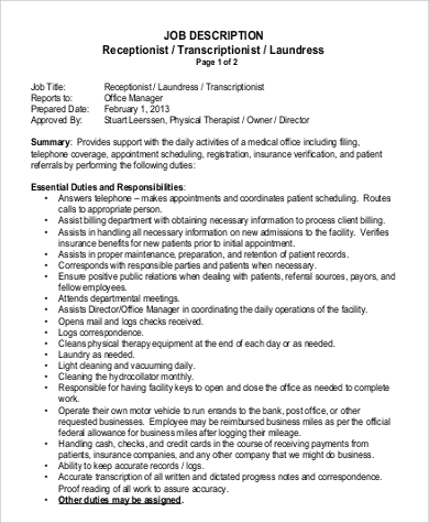 physical therapy receptionist job description