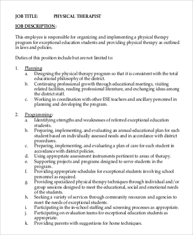 physical therapy job description duties