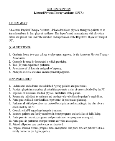licensed physical therapy assistant job description