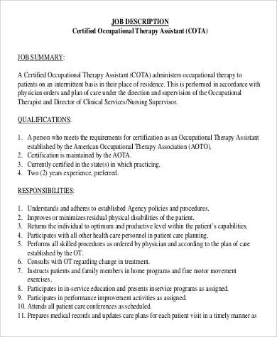 certified occupational therapy assistant job description