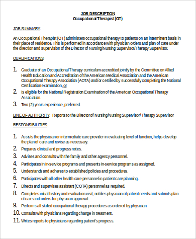 occupational therapy job description in word