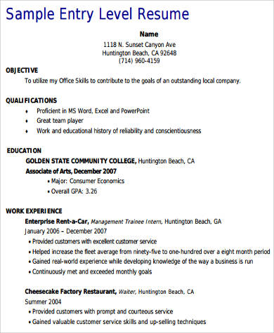 sample entry level customer service resume