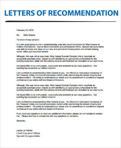 real estate recommendation letter example