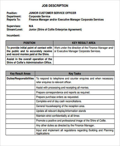 junior customer service resume job description