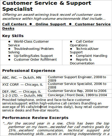 call center customer service resume