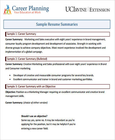 resume career summary example