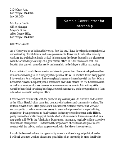 sample cover letter for internship student