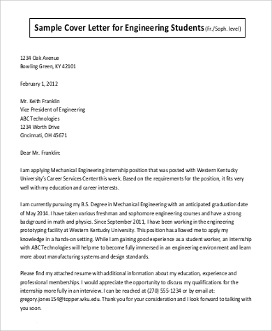 sample cover letter for engineering student