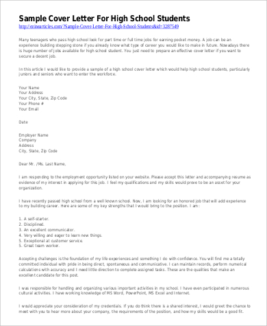 sample cover letter high school student