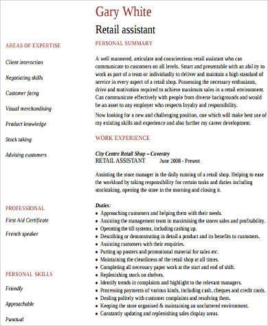 work experience retail resume