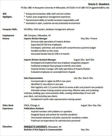 example of work experience resume