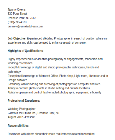 professional photographer resume