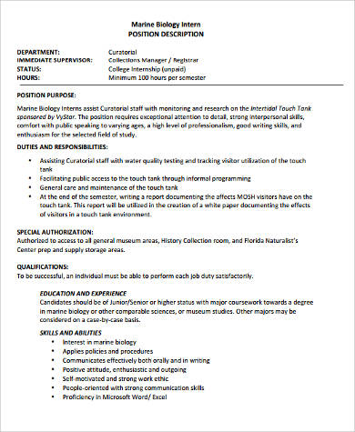 marine biology intern job description