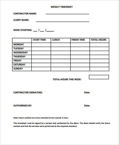 contractor weekly time sheet